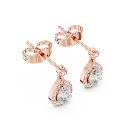 Pair Shot: Round Diamond Earrings with Halo Setting in 14k Rose Gold - Lab Grown - Driona Jewels