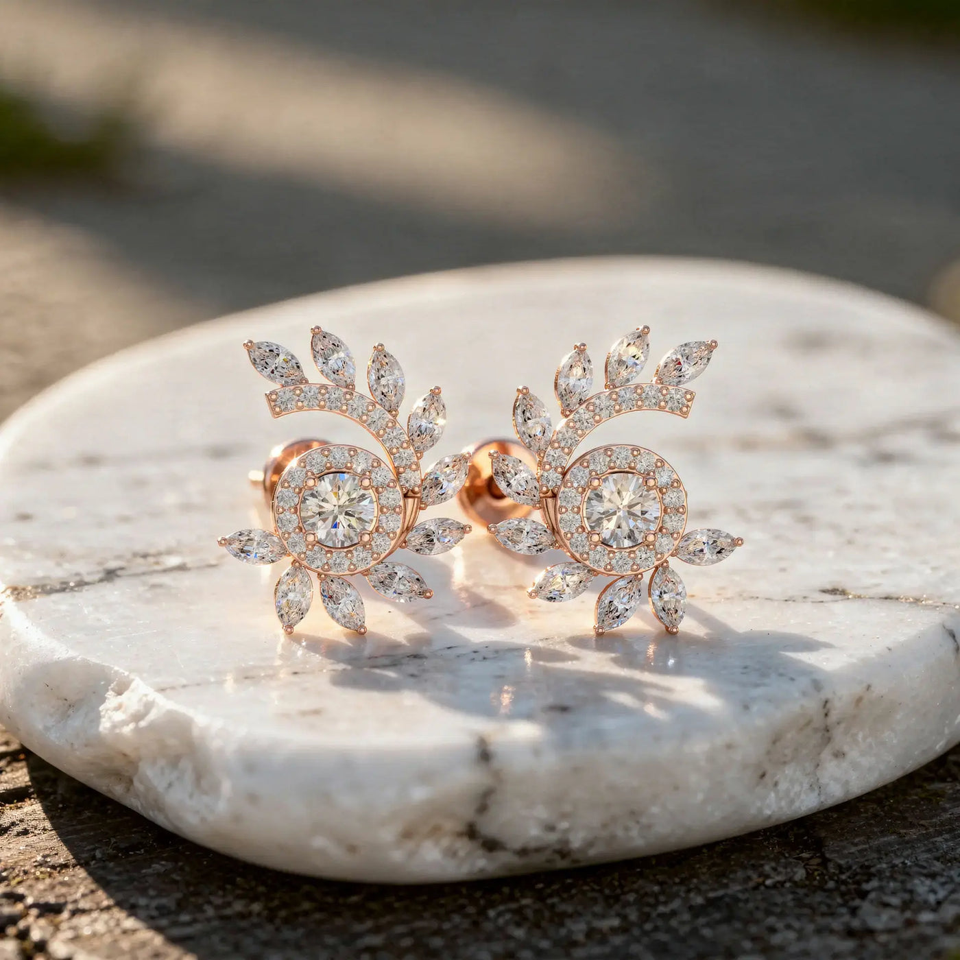 Pair-Shot: Round Diamond Earrings with Halo Setting in 14k Rose Gold - Lab Grown - Driona Jewels