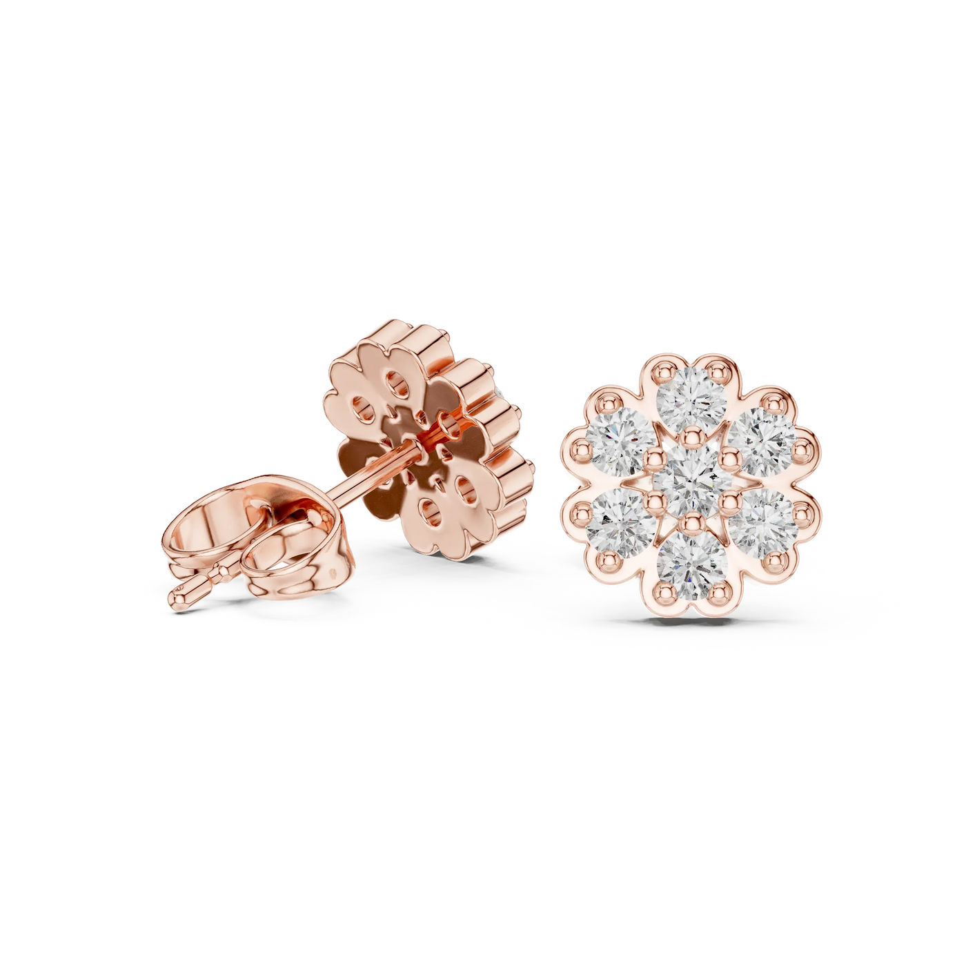 Pair Shot: Round Diamond Earrings with Halo Setting in 14k Rose Gold - Lab Grown - Driona Jewels