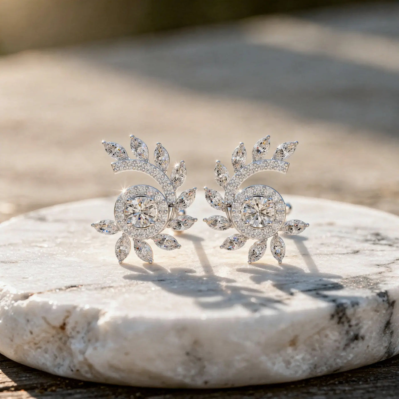 Flat Lay: Round Diamond Earrings with Halo Setting in 14k White Gold - Lab Grown - Driona Jewels