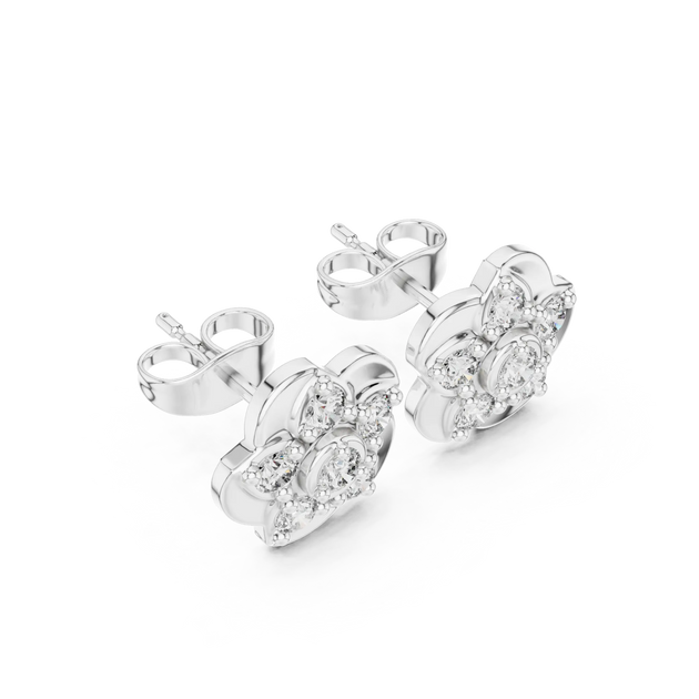Pair-Shot: Round Diamond Earrings with Halo Setting in 14k White Gold - Lab Grown - Driona Jewels