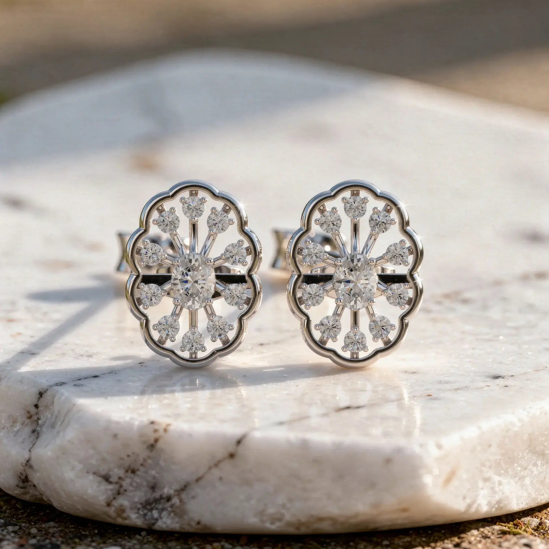 Pair-Shot: Round Diamond Earrings with Halo Setting in 14k White Gold - Lab Grown - Driona Jewels