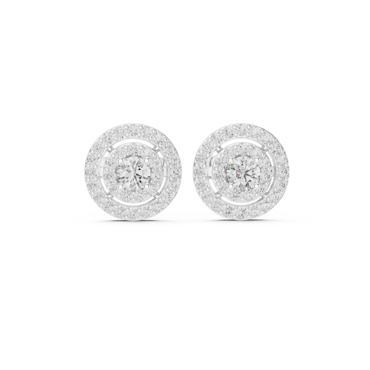 Pair-Shot: Round Diamond Earrings with Halo Setting in 14k White Gold - Lab Grown - Driona Jewels