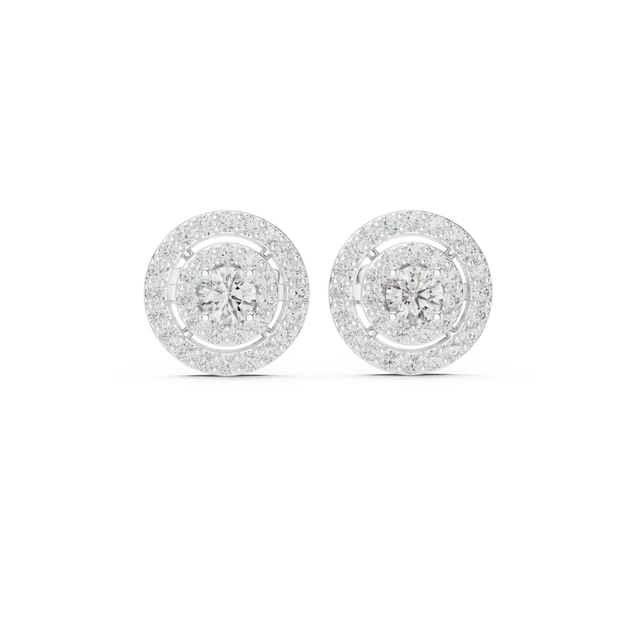Pair-Shot: Round Diamond Earrings with Halo Setting in 14k White Gold - Lab Grown - Driona Jewels