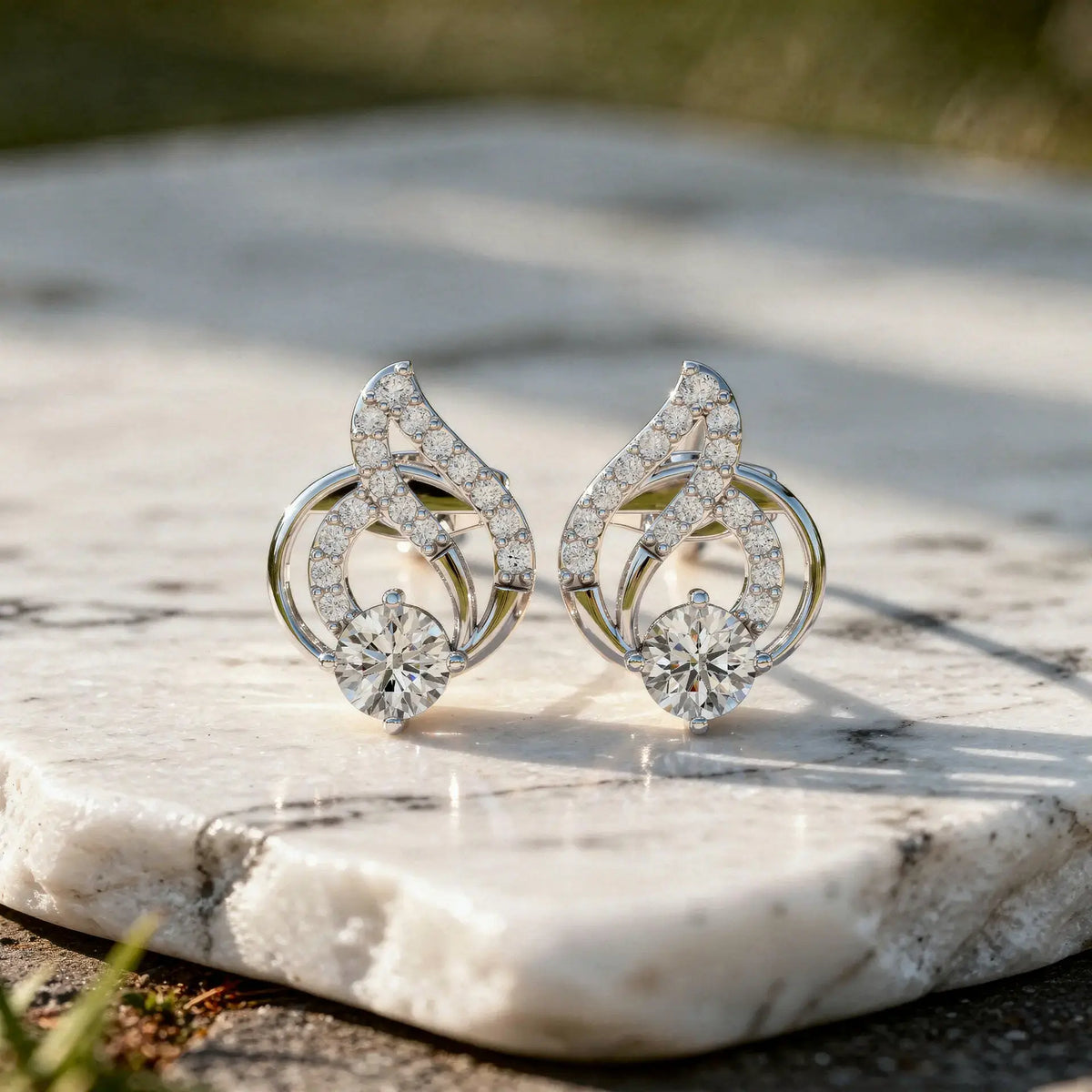 Pair-Shot: Round Diamond Earrings with Halo Setting in 14k White Gold - Lab Grown - Driona Jewels