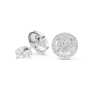Pair Shot: Round Diamond Earrings with Halo Setting in 14k White Gold - Lab Grown - Driona Jewels