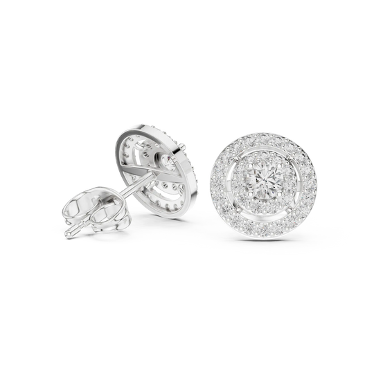 Pair Shot: Round Diamond Earrings with Halo Setting in 14k White Gold - Lab Grown - Driona Jewels