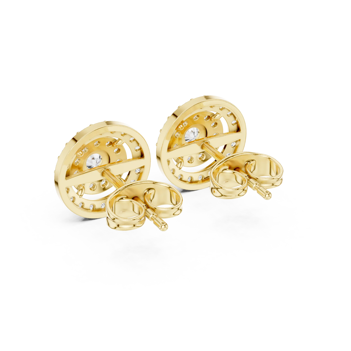 Back View: Round Diamond Earrings with Halo Setting in 14k Yellow Gold - Lab Grown - Driona Jewels