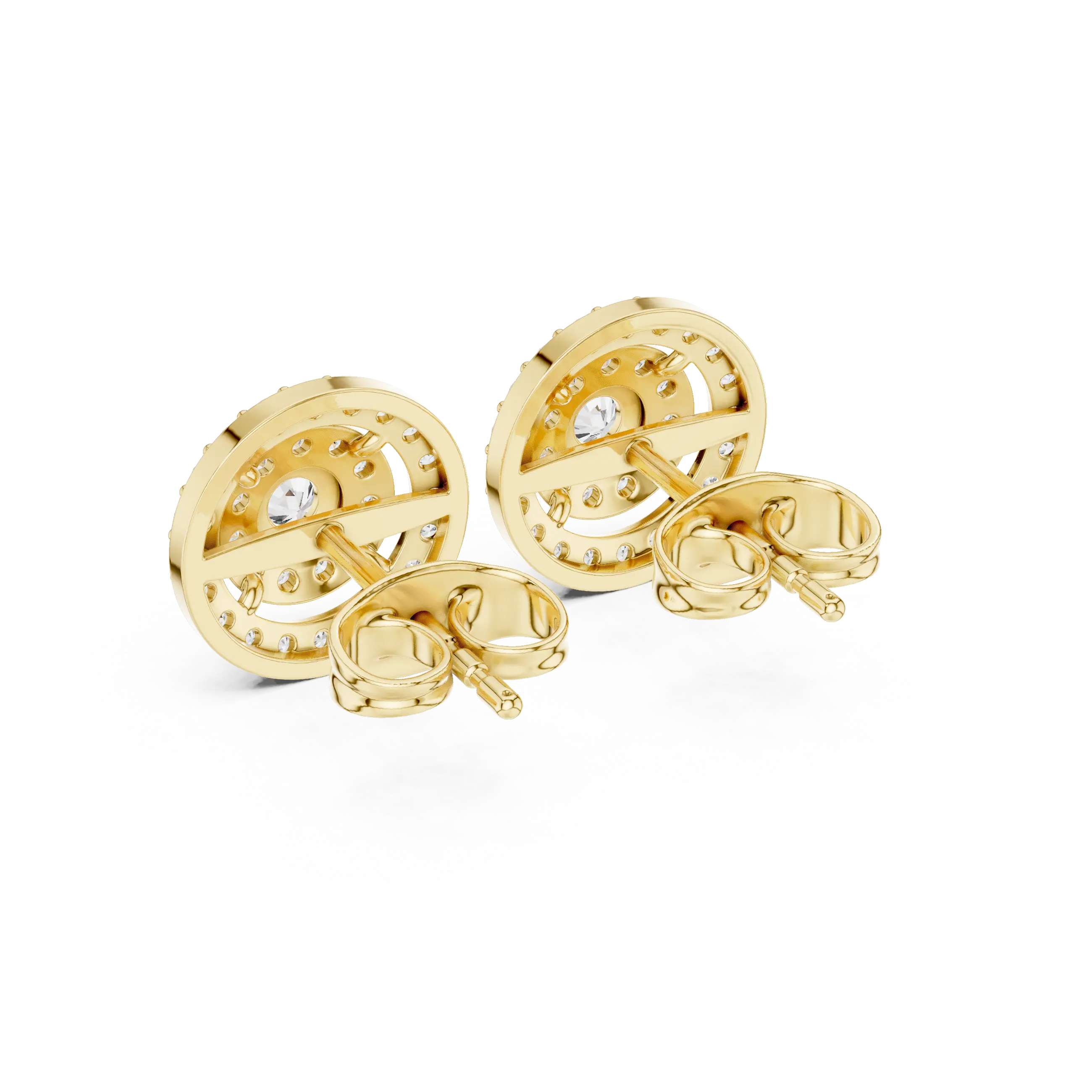 Back View: Round Diamond Earrings with Halo Setting in 14k Yellow Gold - Lab Grown - Driona Jewels
