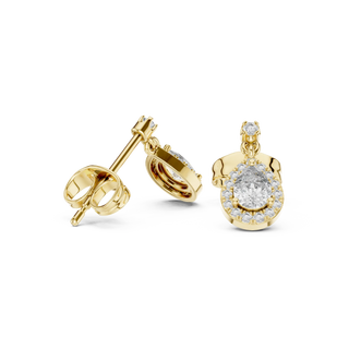 Pair Shot: Round Diamond Earrings with Halo Setting in 14k Yellow Gold - Lab Grown - Driona Jewels