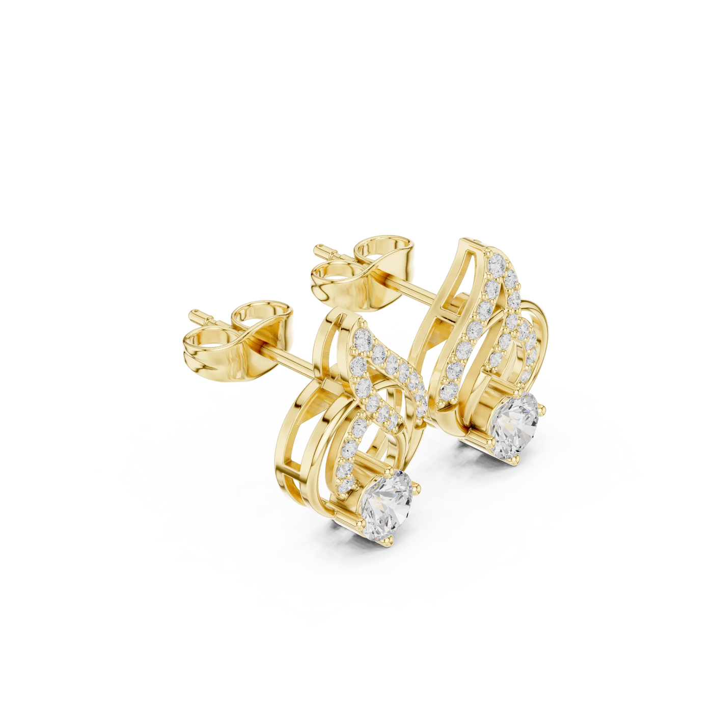 Pair-Shot: Round Diamond Earrings with Halo Setting in 14k Yellow Gold - Lab Grown - Driona Jewels