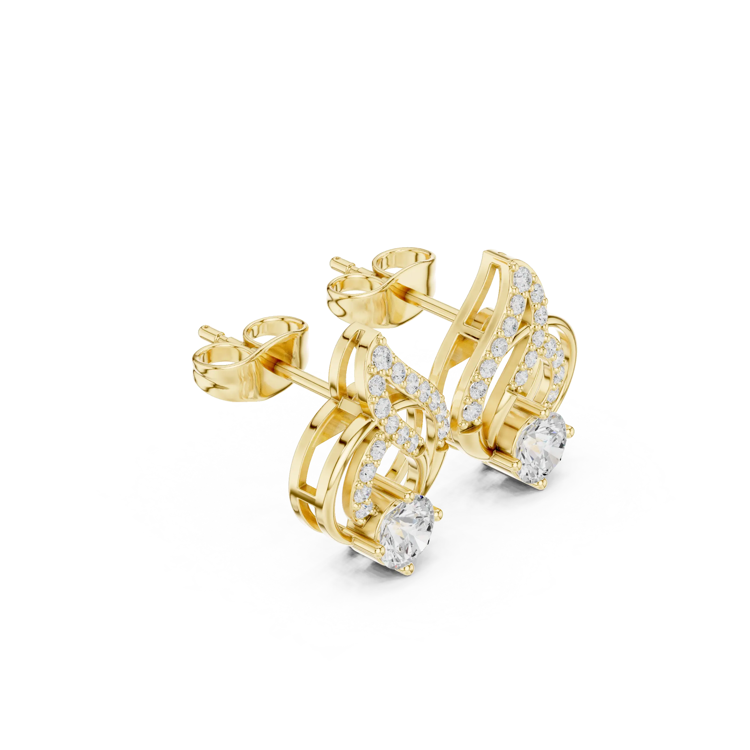 Pair-Shot: Round Diamond Earrings with Halo Setting in 14k Yellow Gold - Lab Grown - Driona Jewels