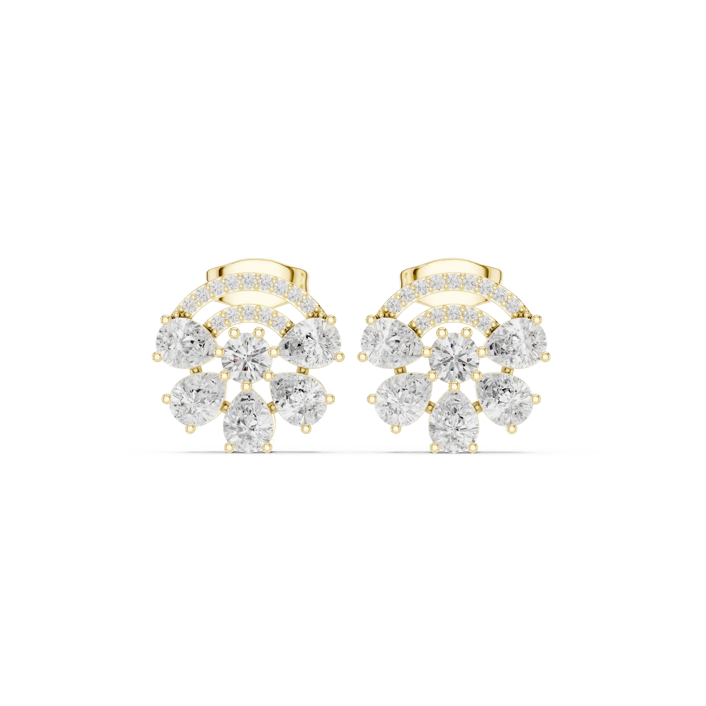 Pair-Shot: Round Diamond Earrings with Halo Setting in 14k Yellow Gold - Lab Grown - Driona Jewels