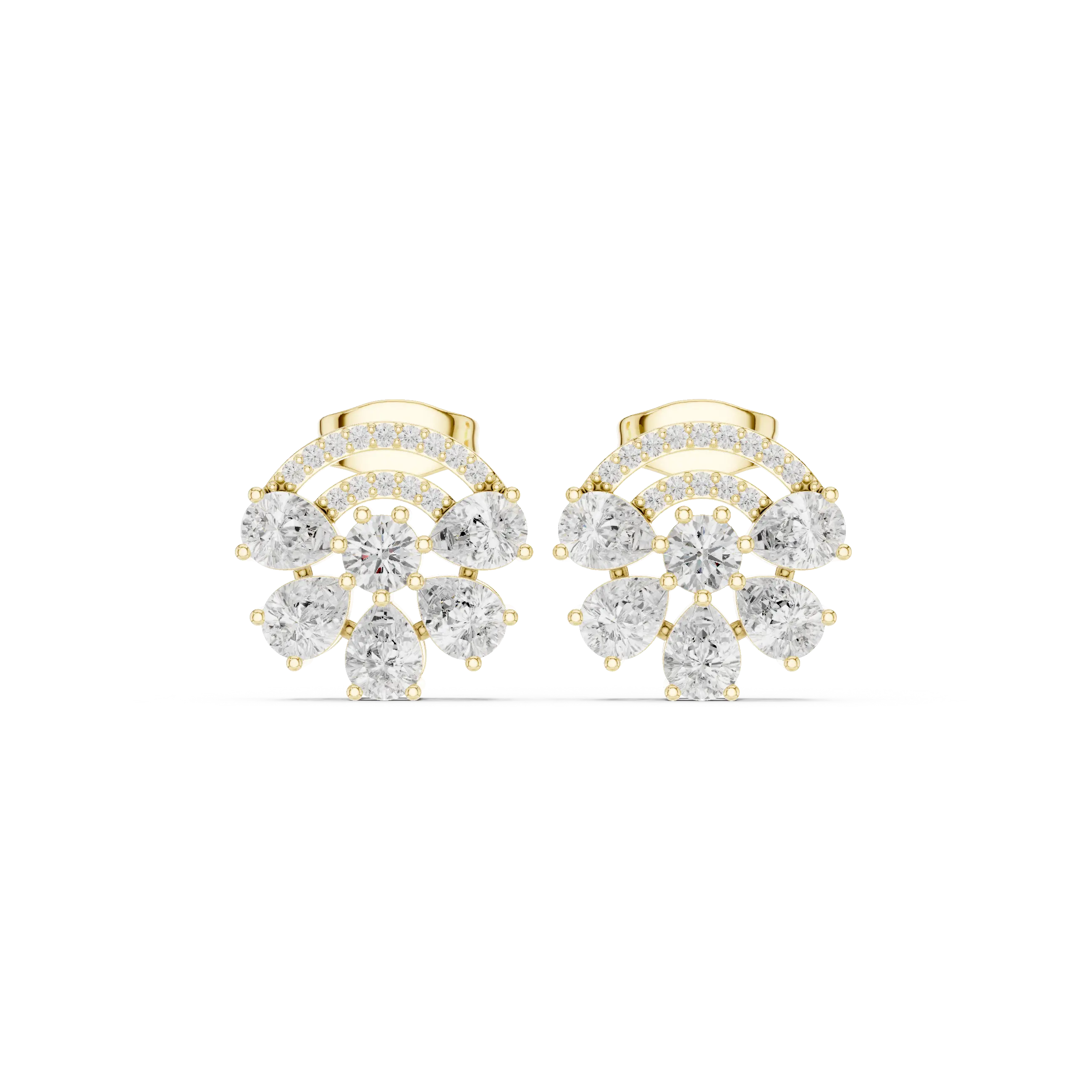 Pair-Shot: Round Diamond Earrings with Halo Setting in 14k Yellow Gold - Lab Grown - Driona Jewels