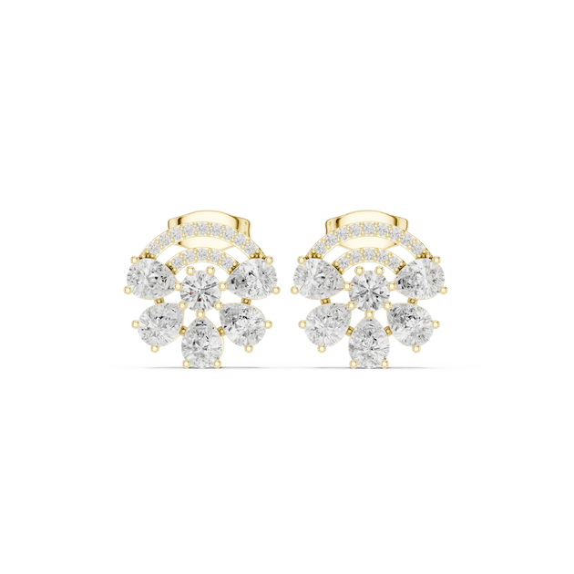 Pair-Shot: Round Diamond Earrings with Halo Setting in 14k Yellow Gold - Lab Grown - Driona Jewels