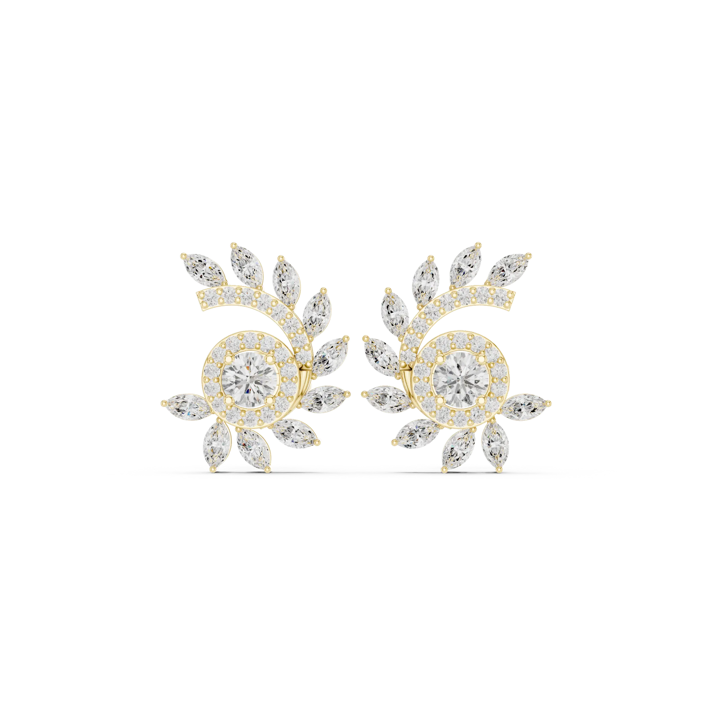 Pair Shot: Round Diamond Earrings with Halo Setting in 14k Yellow Gold - Lab Grown - Driona Jewels