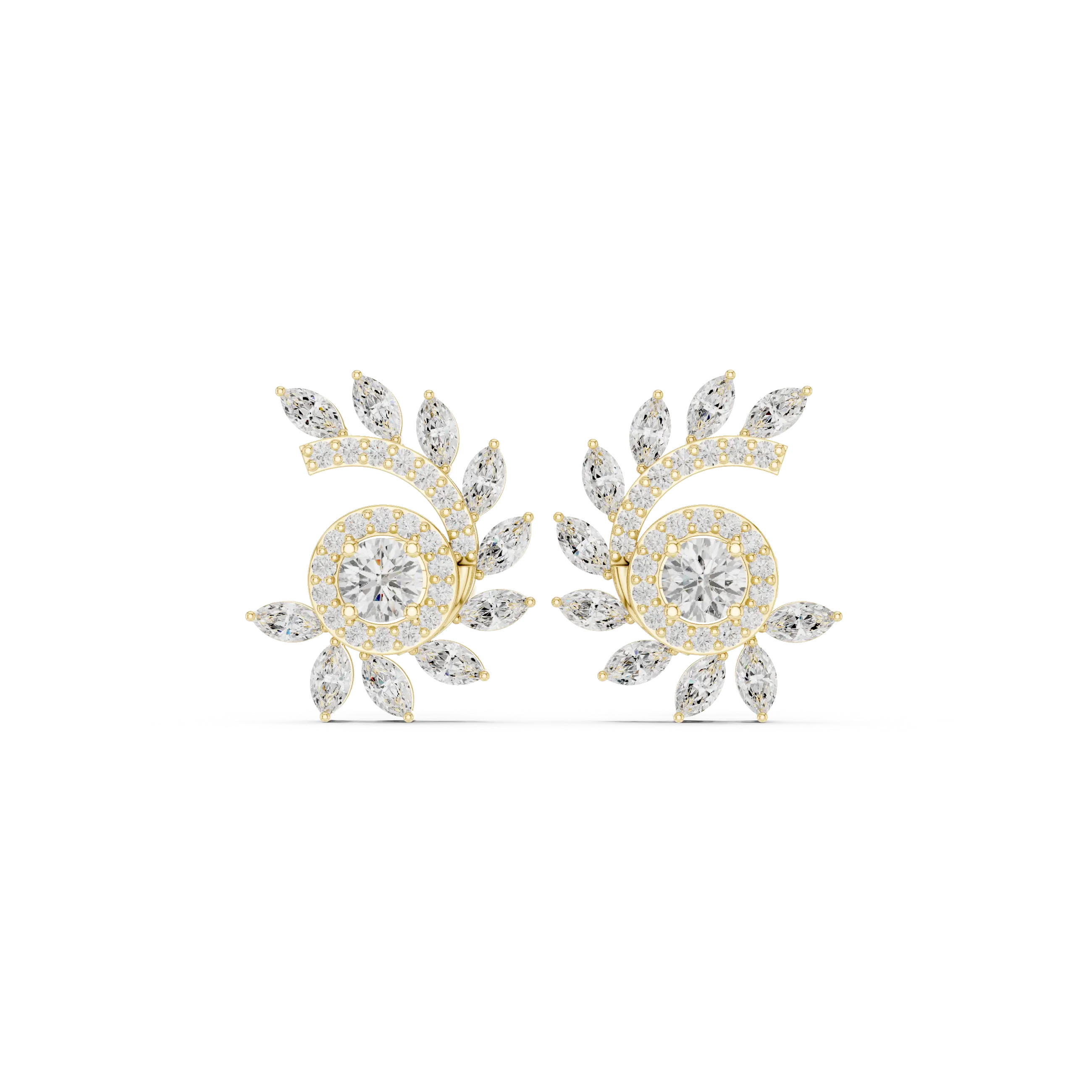 Pair Shot: Round Diamond Earrings with Halo Setting in 14k Yellow Gold - Lab Grown - Driona Jewels