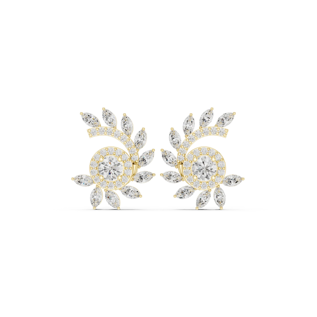 Pair Shot: Round Diamond Earrings with Halo Setting in 14k Yellow Gold - Lab Grown - Driona Jewels