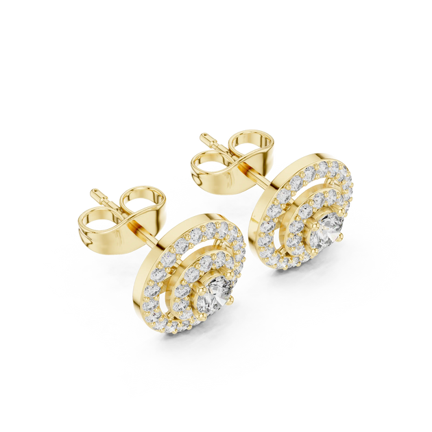 Pair-Shot: Round Diamond Earrings with Halo Setting in 14k Yellow Gold - Lab Grown - Driona Jewels