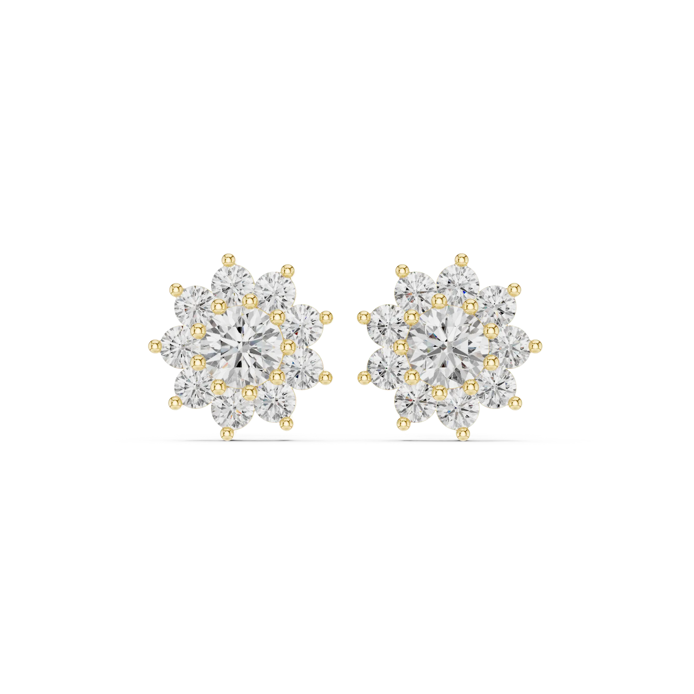 Pair Shot: Round Diamond Earrings with Halo Setting in 14k Yellow Gold - Lab Grown - Driona Jewels