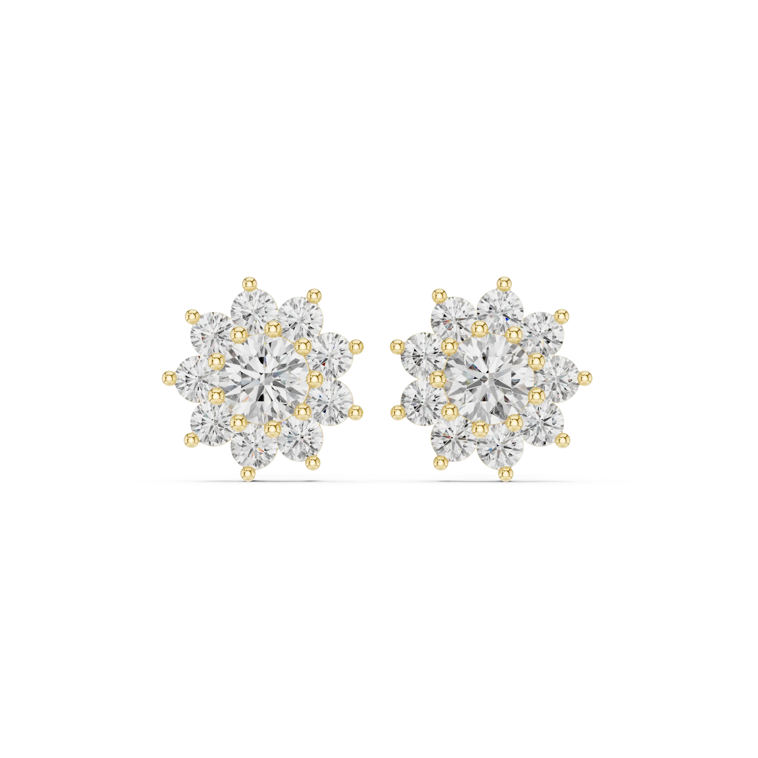 Pair Shot: Round Diamond Earrings with Halo Setting in 14k Yellow Gold - Lab Grown - Driona Jewels