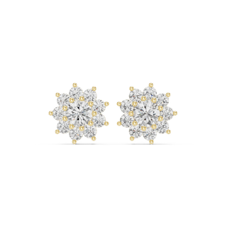 Pair Shot: Round Diamond Earrings with Halo Setting in 14k Yellow Gold - Lab Grown - Driona Jewels