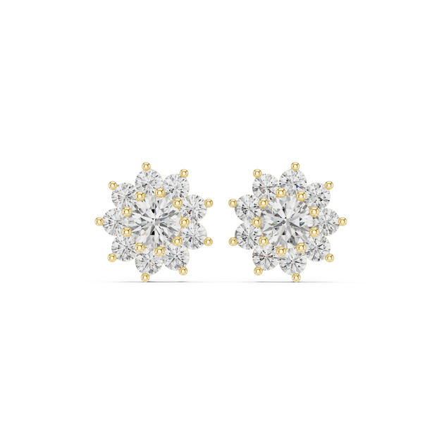 Pair Shot: Round Diamond Earrings with Halo Setting in 14k Yellow Gold - Lab Grown - Driona Jewels