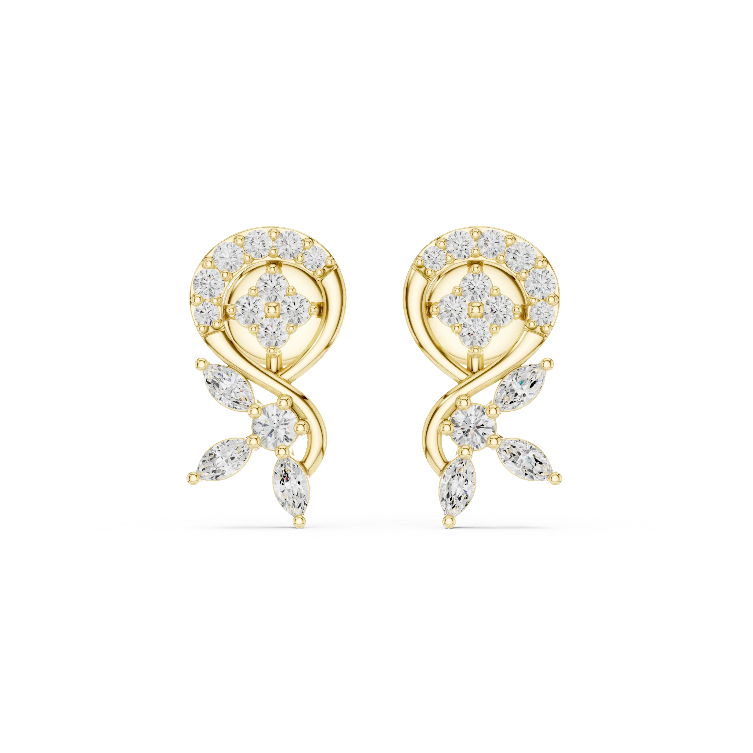 Pair Shot: Round Diamond Earrings with Halo Setting in 14k Yellow Gold - Lab Grown - Driona Jewels