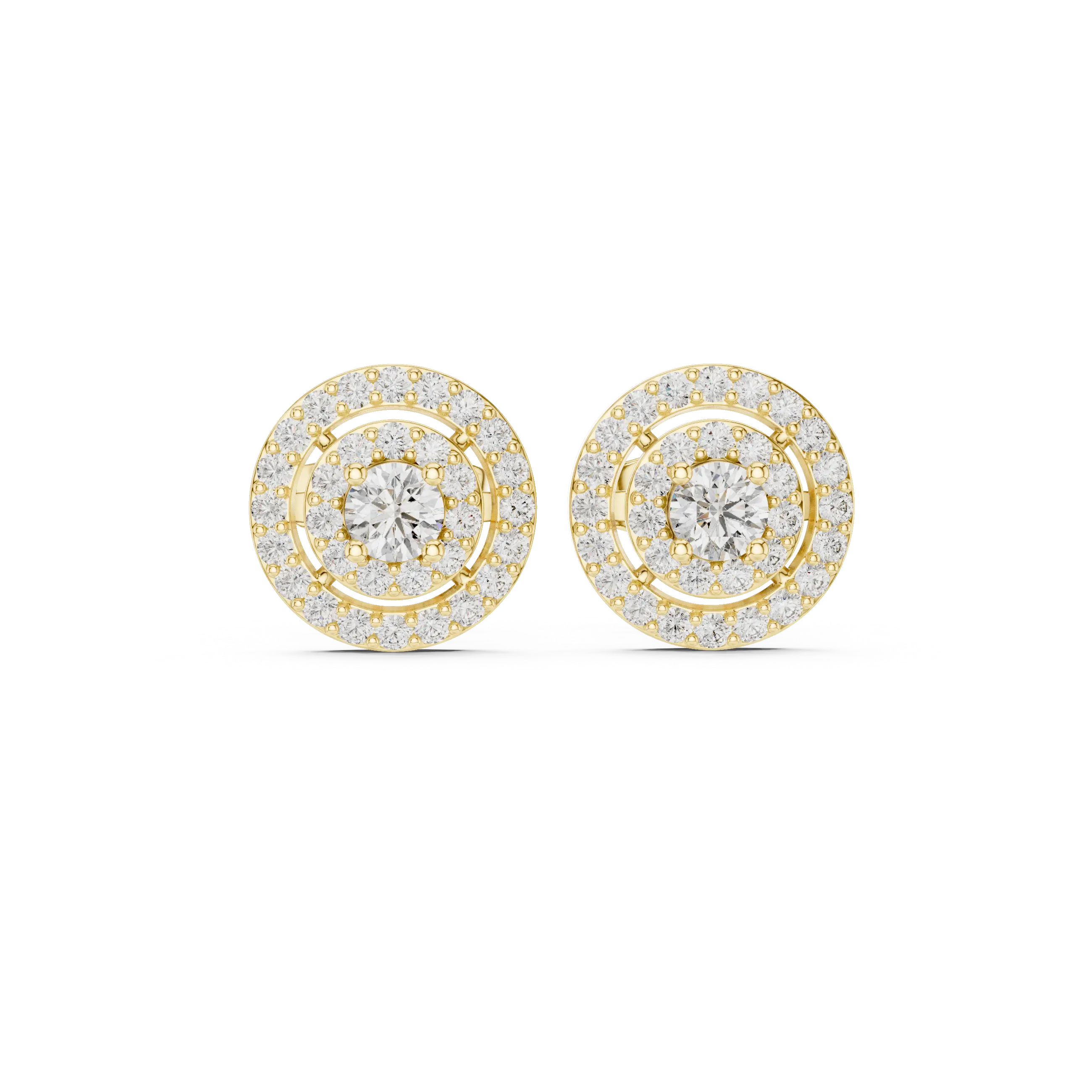 Pair Shot: Round Diamond Earrings with Halo Setting in 14k Yellow Gold - Lab Grown - Driona Jewels