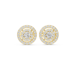 Pair Shot: Round Diamond Earrings with Halo Setting in 14k Yellow Gold - Lab Grown - Driona Jewels