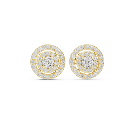 Pair Shot: Round Diamond Earrings with Halo Setting in 14k Yellow Gold - Lab Grown - Driona Jewels
