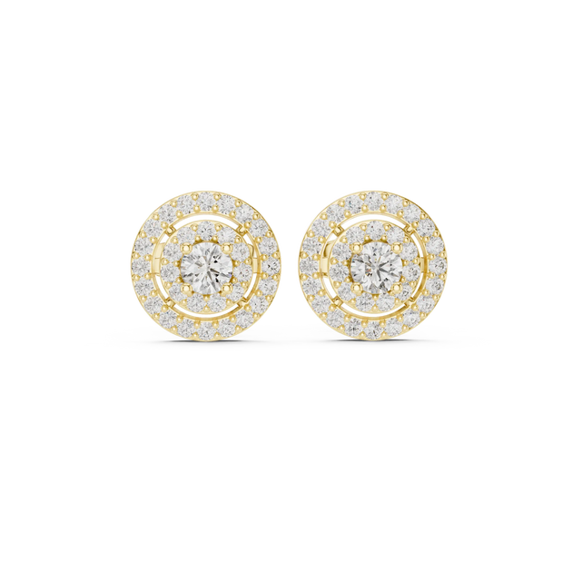 Pair Shot: Round Diamond Earrings with Halo Setting in 14k Yellow Gold - Lab Grown - Driona Jewels