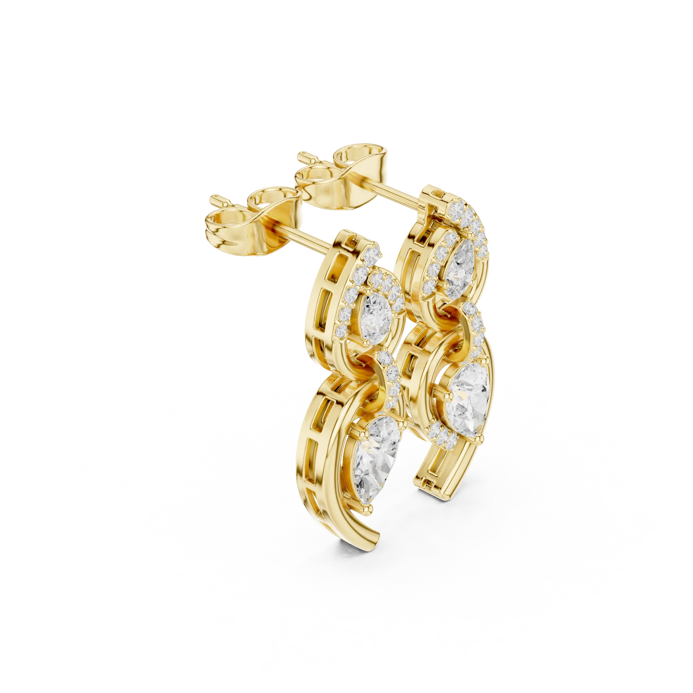 Pair-Shot: Round Diamond Earrings with Halo Setting in 14k Yellow Gold - Lab Grown - Driona Jewels
