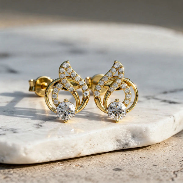 Pair-Shot: Round Diamond Earrings with Halo Setting in 14k Yellow Gold - Lab Grown - Driona Jewels