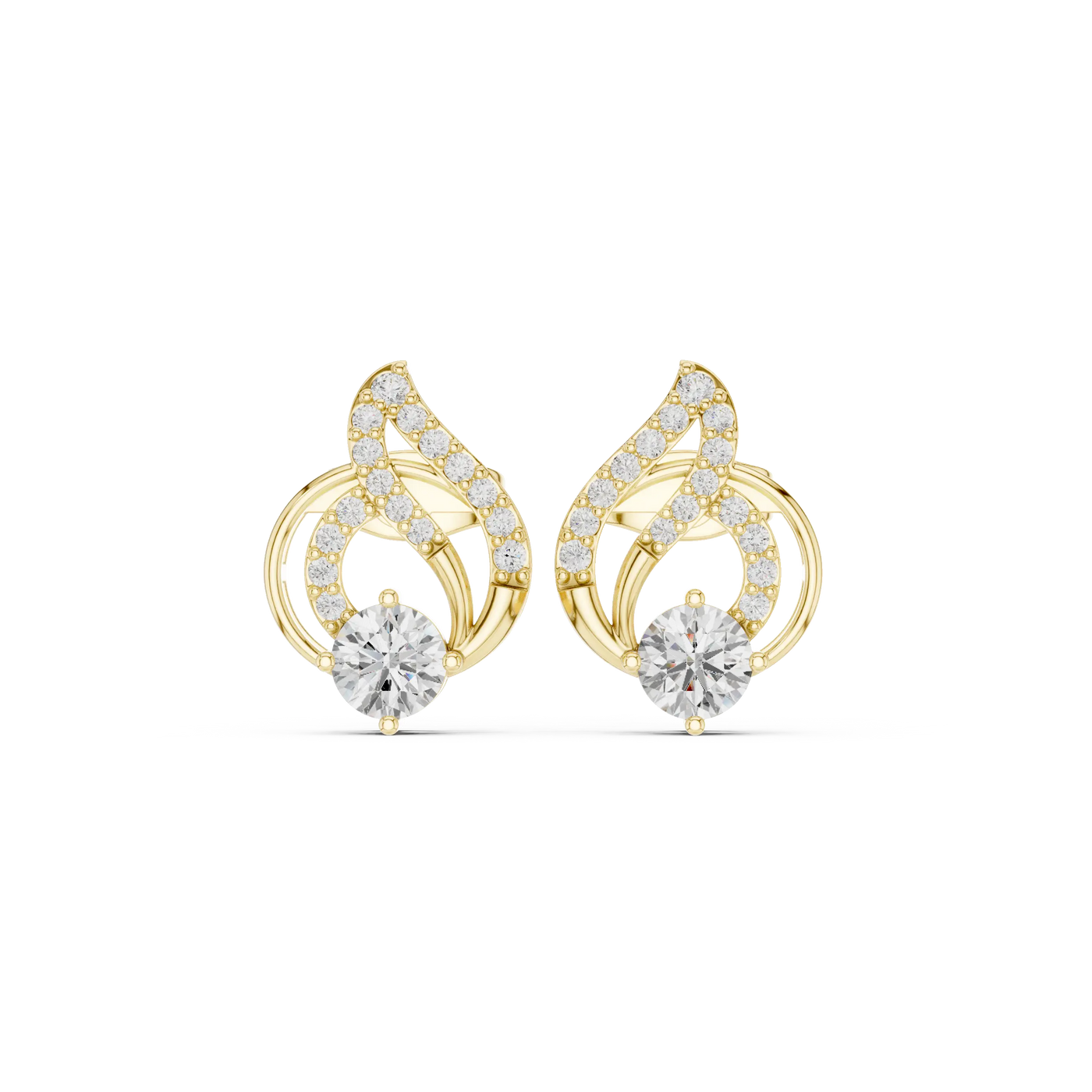 Pair-Shot: Round Diamond Earrings with Halo Setting in 14k Yellow Gold - Lab Grown - Driona Jewels