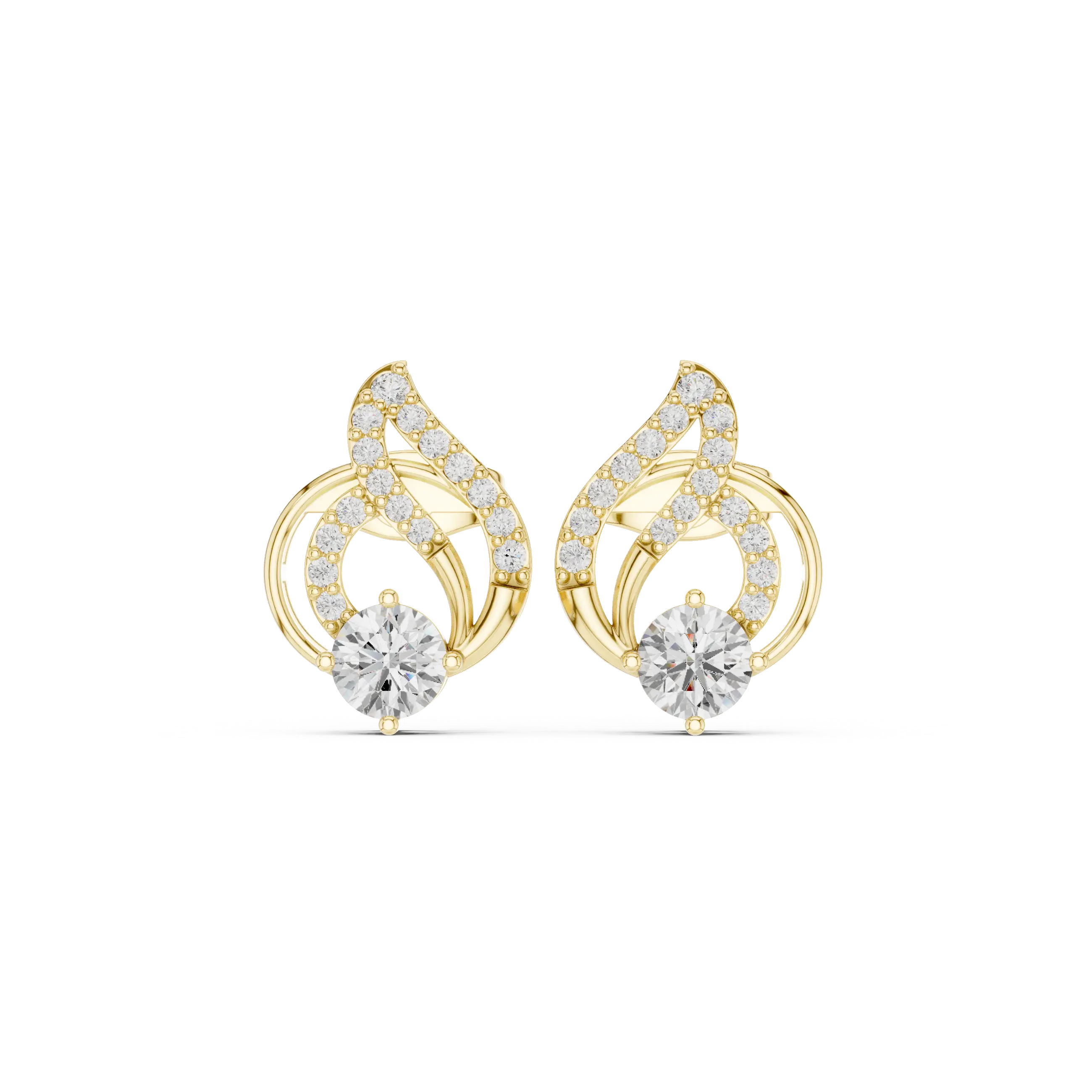 Pair-Shot: Round Diamond Earrings with Halo Setting in 14k Yellow Gold - Lab Grown - Driona Jewels