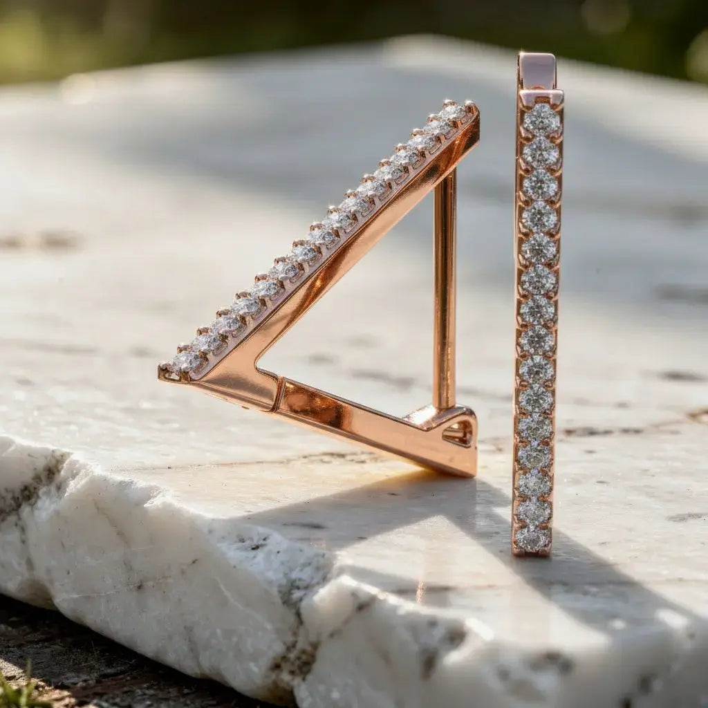 Flat Lay: Round Diamond Earrings with Pave Setting in 14k Rose Gold - Lab Grown - Driona Jewels