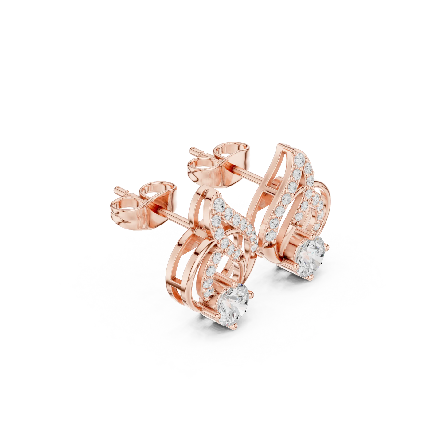Three-quarter-view: Round Diamond Earrings with Pave Setting in 14k Rose Gold - Lab Grown - Driona Jewels