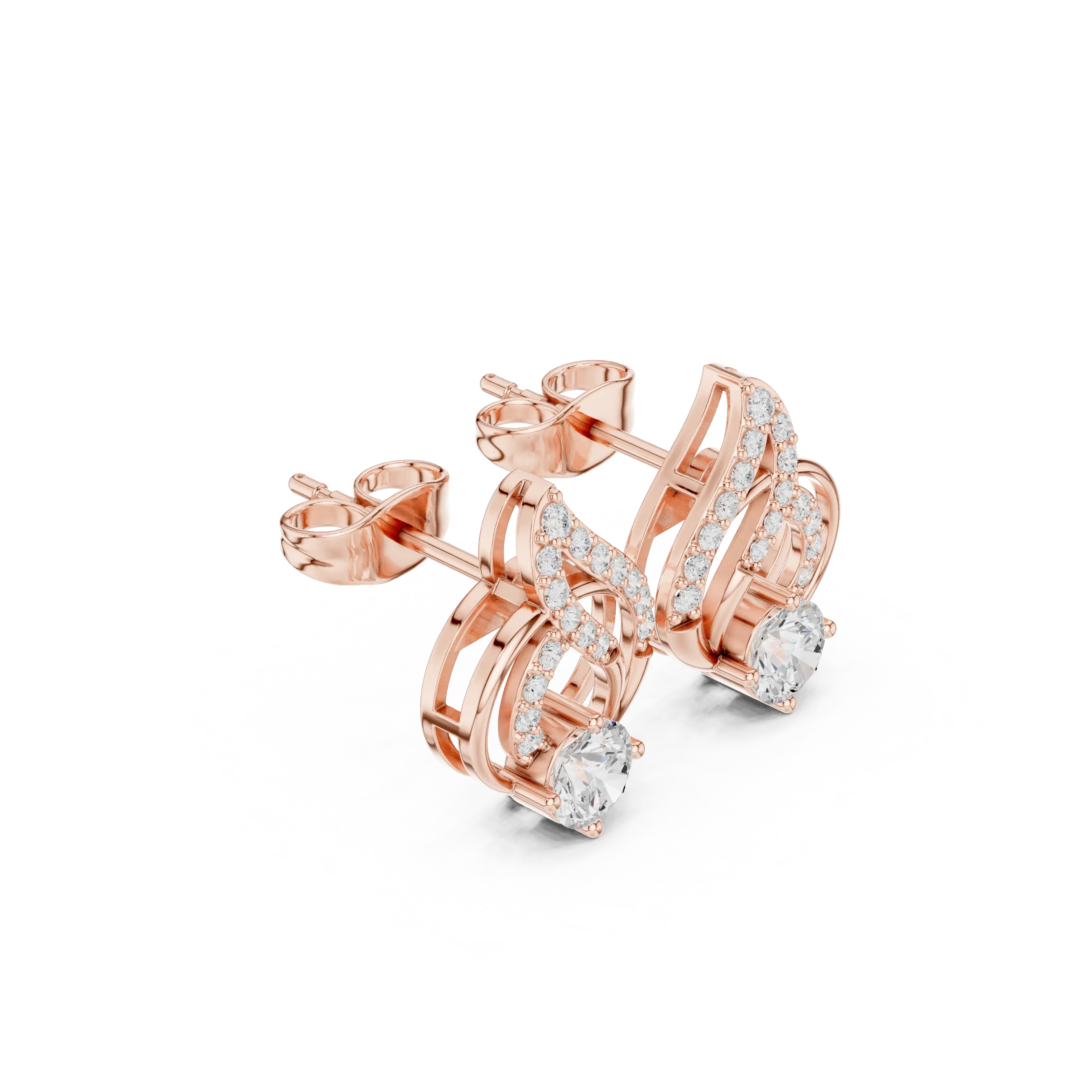 Three-quarter-view: Round Diamond Earrings with Pave Setting in 14k Rose Gold - Lab Grown - Driona Jewels