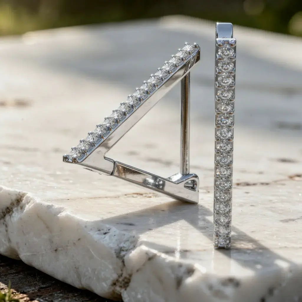 Flat Lay: Round Diamond Earrings with Pave Setting in 14k White Gold - Lab Grown - Driona Jewels
