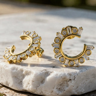 Pair Shot: Round Diamond Earrings with Pave Setting in 14k Yellow Gold - Lab Grown - Driona Jewels