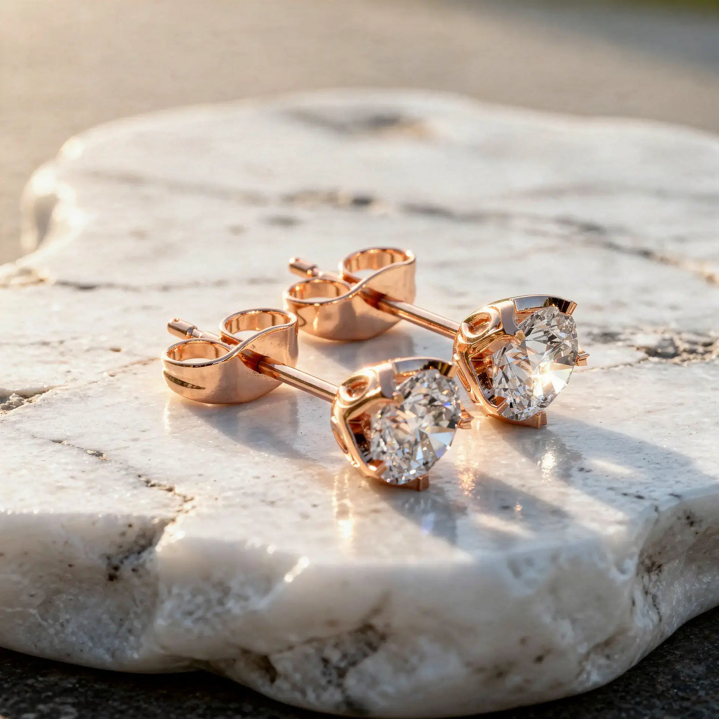 Pair-shot: Round Diamond Studs with Prong Setting in 14k Rose Gold - Lab Grown - Driona Jewels
