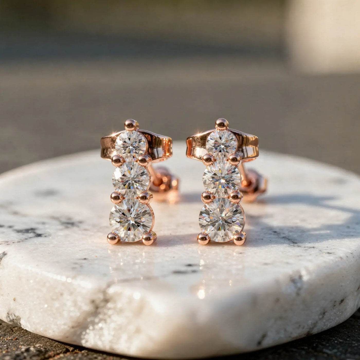 Pair-Shot: Round Diamond Earrings with Prong Setting in 14k Rose Gold - Lab Grown - Driona Jewels