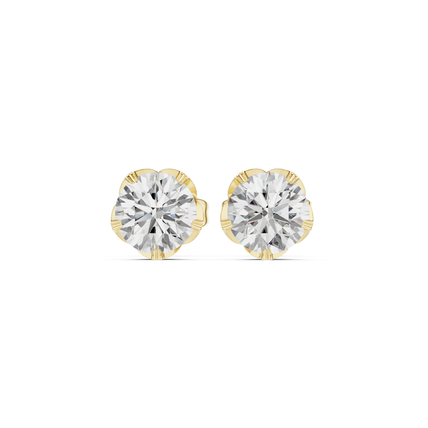 Pair Shot: Round Diamond Studs with Prong Setting in 14k Yellow Gold - Lab Grown - Driona Jewels