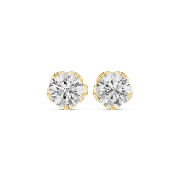 Pair Shot: Round Diamond Studs with Prong Setting in 14k Yellow Gold - Lab Grown - Driona Jewels