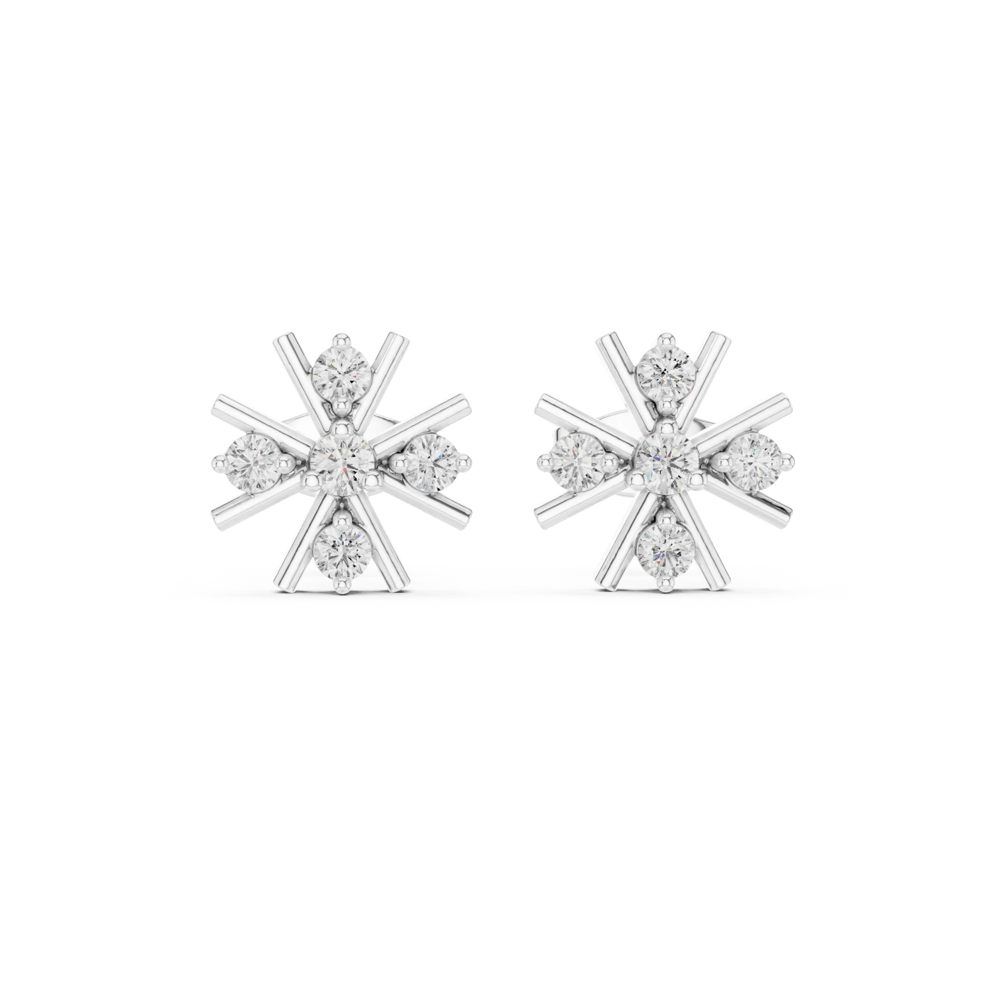 Pair-Shot: Round Diamond Earrings with Snowflake Setting in 14k White Gold - Lab Grown - Driona Jewels