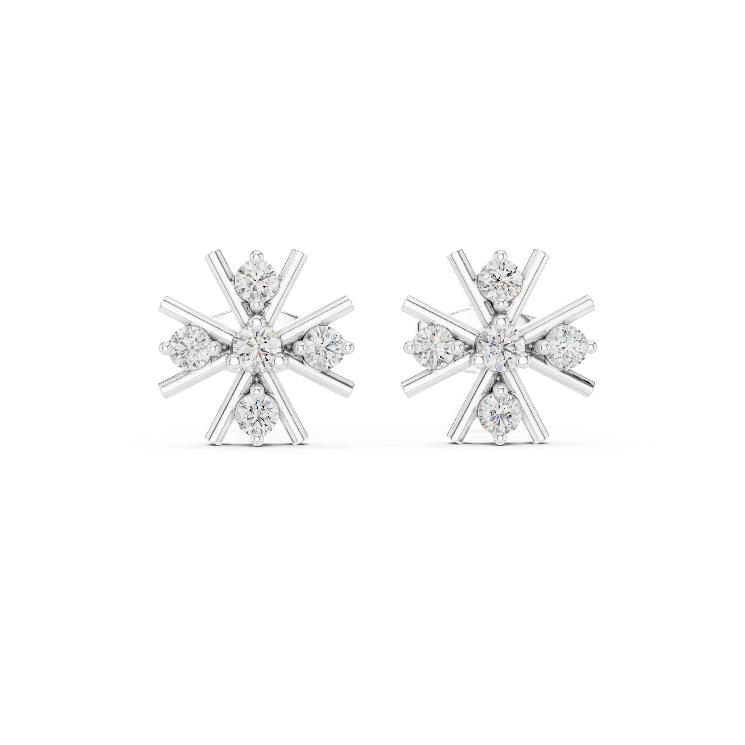 Pair-Shot: Round Diamond Earrings with Snowflake Setting in 14k White Gold - Lab Grown - Driona Jewels