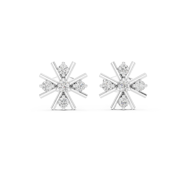 Pair-Shot: Round Diamond Earrings with Snowflake Setting in 14k White Gold - Lab Grown - Driona Jewels