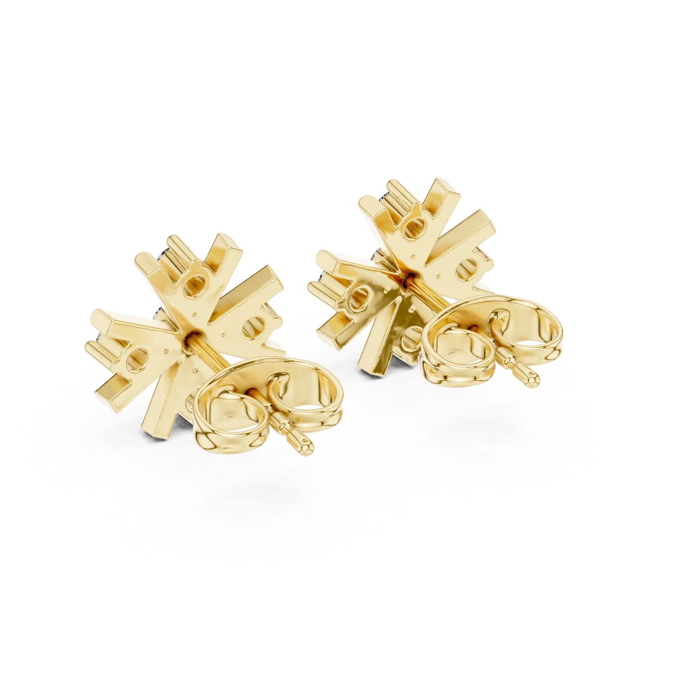 Pair-Shot: Snowflake Diamond Earrings with Halo Setting in 14k Yellow Gold - Lab Grown - Driona Jewels