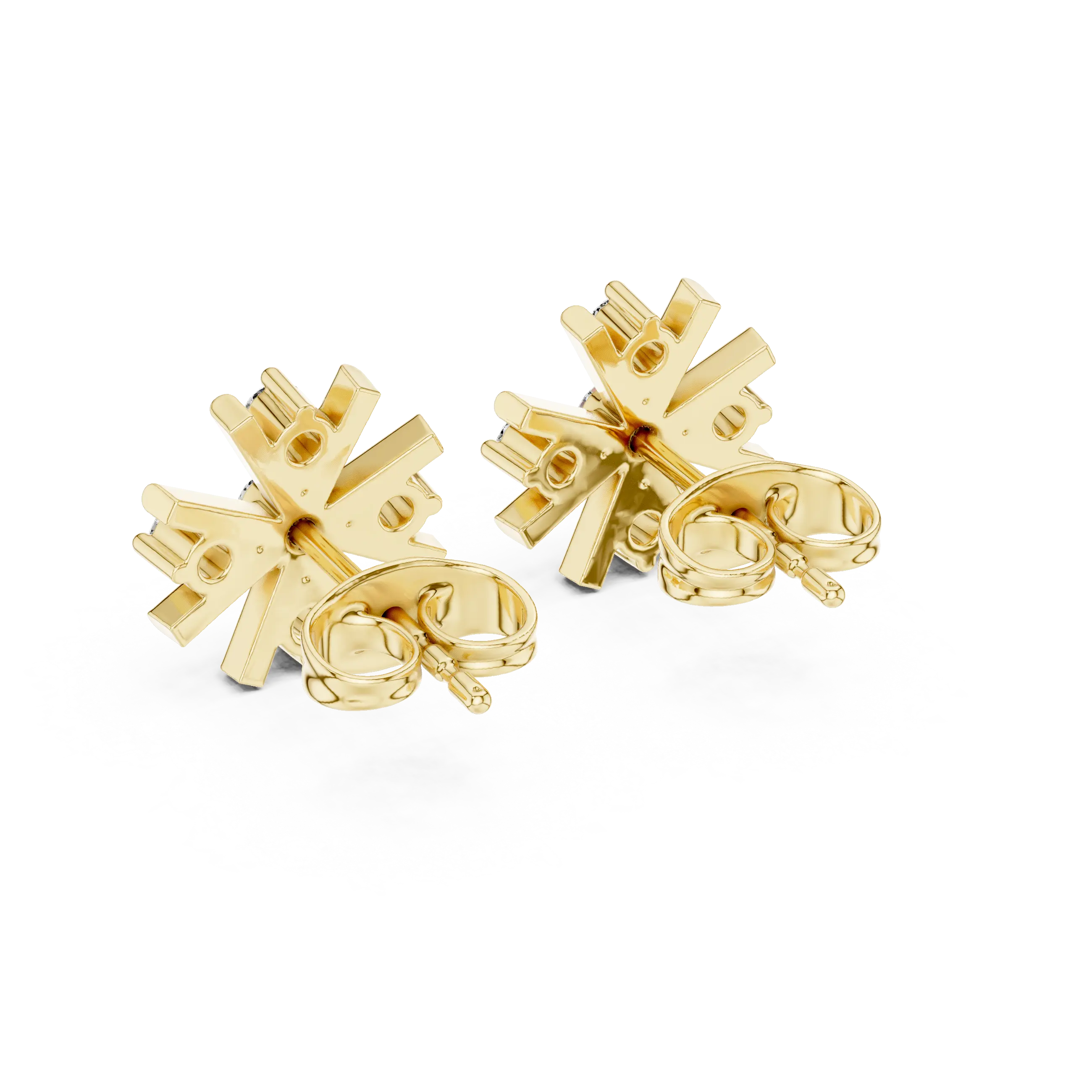 Pair-Shot: Snowflake Diamond Earrings with Halo Setting in 14k Yellow Gold - Lab Grown - Driona Jewels